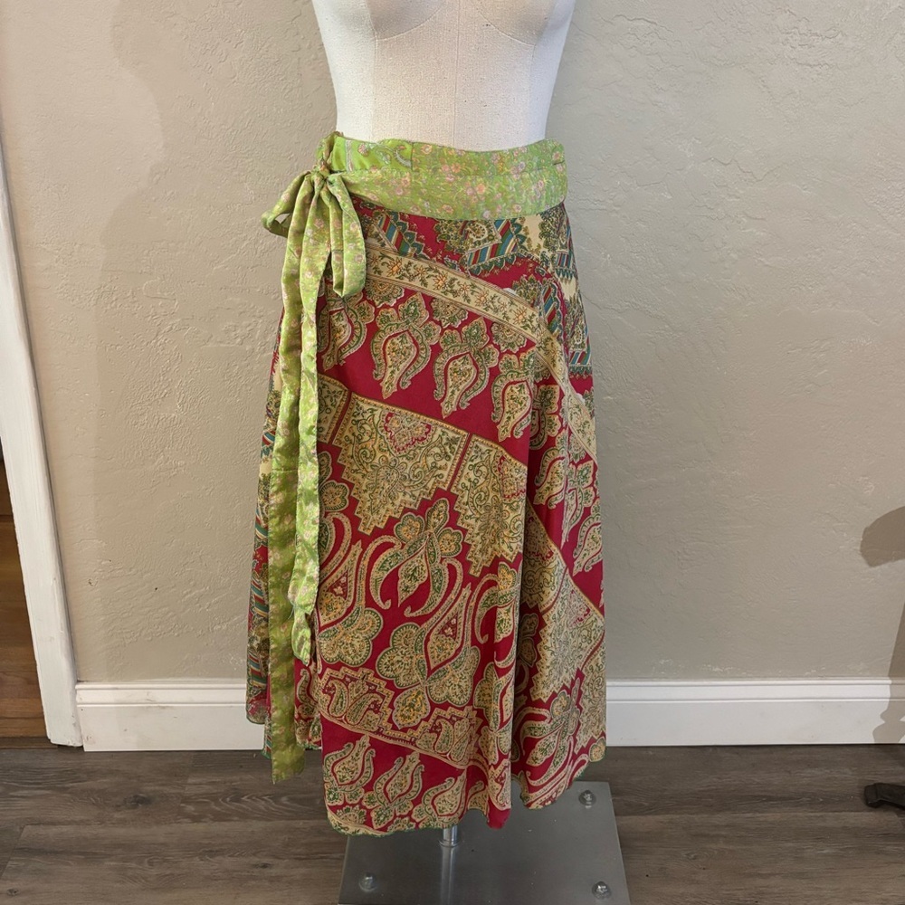 Handmade Bohemian Paisley Wrap Skirt with Green Tie Waist Sz Med